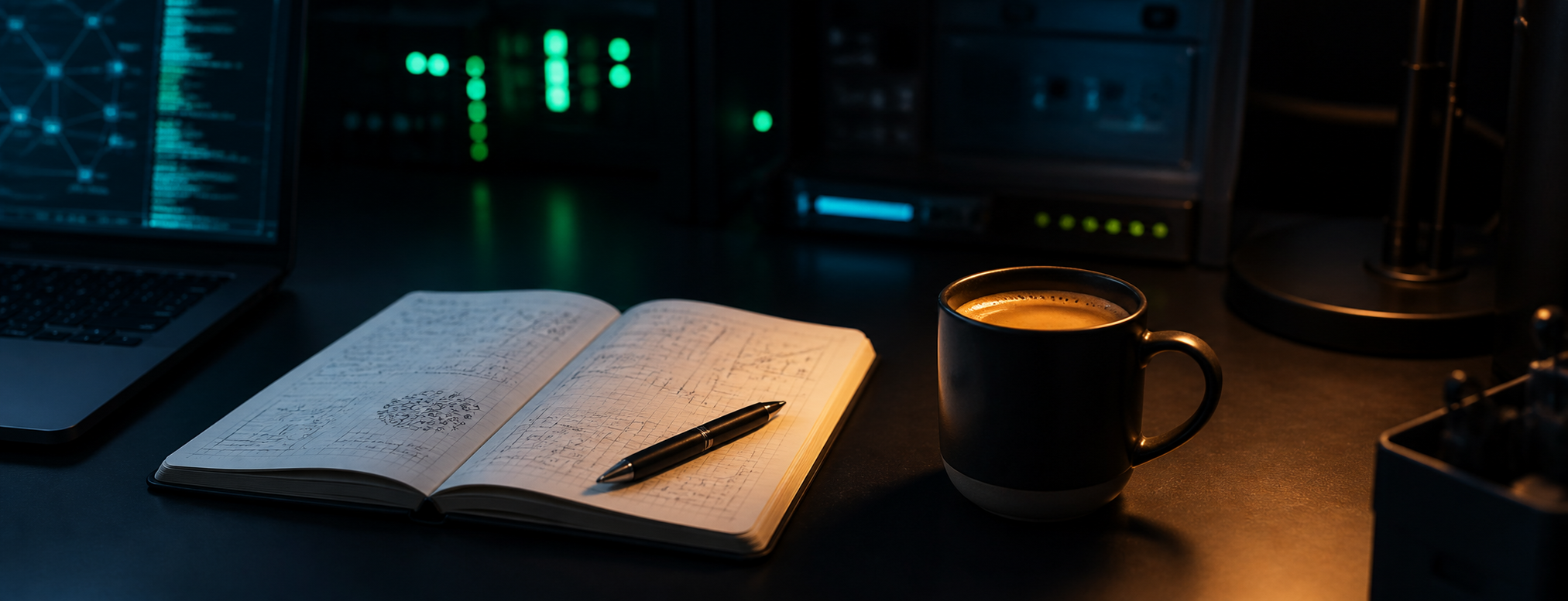 Warm cup of coffee beside an open technical notebook and laptop in a dark workspace