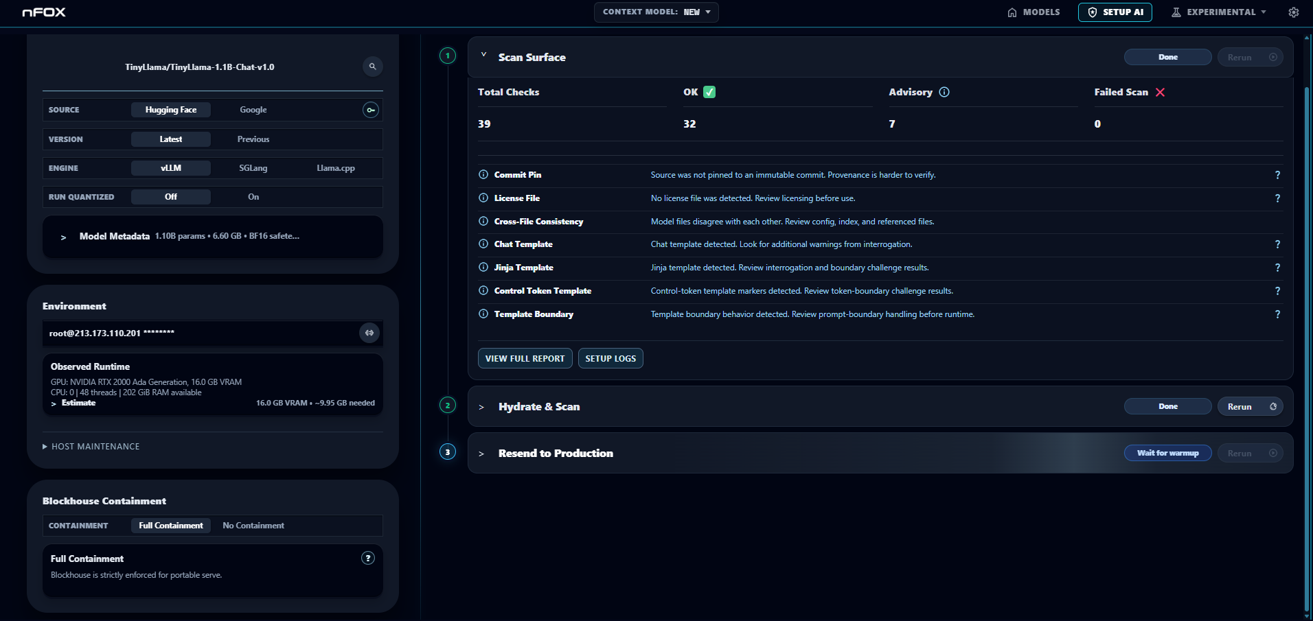 nFOX platform console showing model scan status, containment, and setup flow