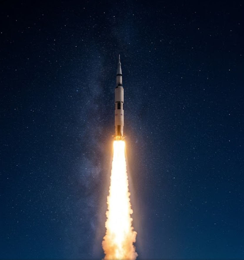 Rocket launching into a starry night sky